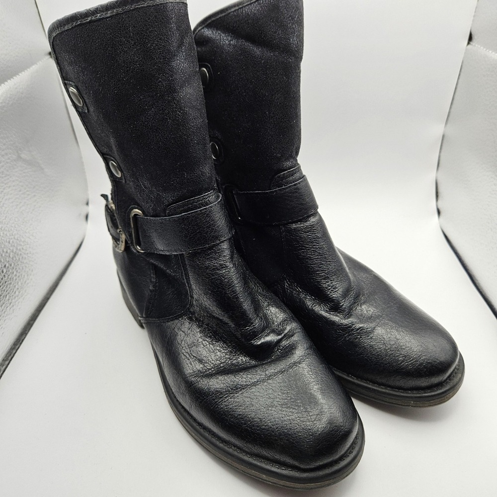 Baretraps Black Leather Faux Fur Lined Moto Ankle Boots 9.5M